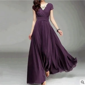 Europe and America V-Neck Short-Sleeved Bohemian Chiffon Waist Dress