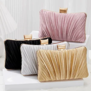Classic Elegant Ladies Pleated Evening Clutch Bag Bling Rhinestone Buckle Formal Party Purse For Women Wedding Dinner Handbag