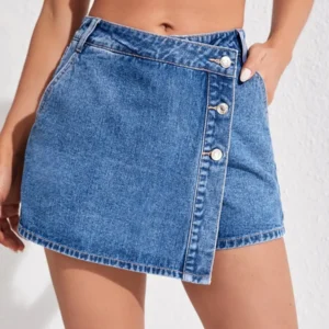 Blue Casual Wrap Denim Shorts For Women