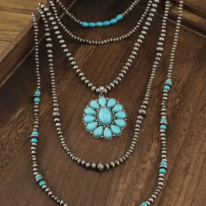 4pcs Bohe Turquoise Beaded Long Necklace Set Vintage Style