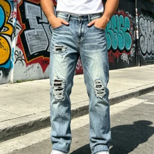 Men's Light Blue Denim Pants, Straight, Vintage Wash