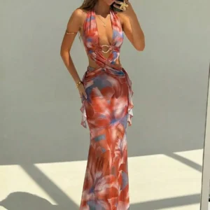 Sexy Backless Criss-Cross Strap Bodycon Floral Print