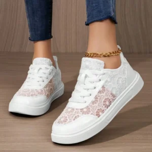 Women's White & amp; Black Mesh Sneakers, Lightweight Breathable Hollow Shoe